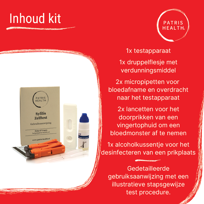 Kit Inhoud van de Patris Health® Syfilis Zelftest.