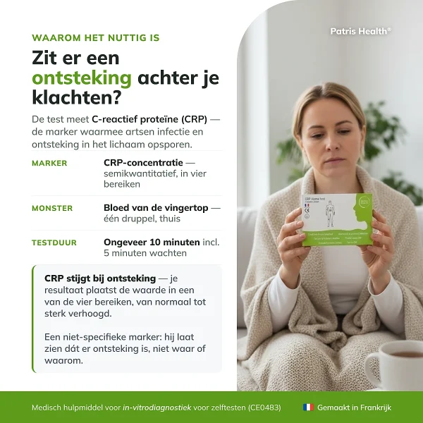 Overzicht van de Patris Health CRP Zelftest met de belangrijkste productinformatie