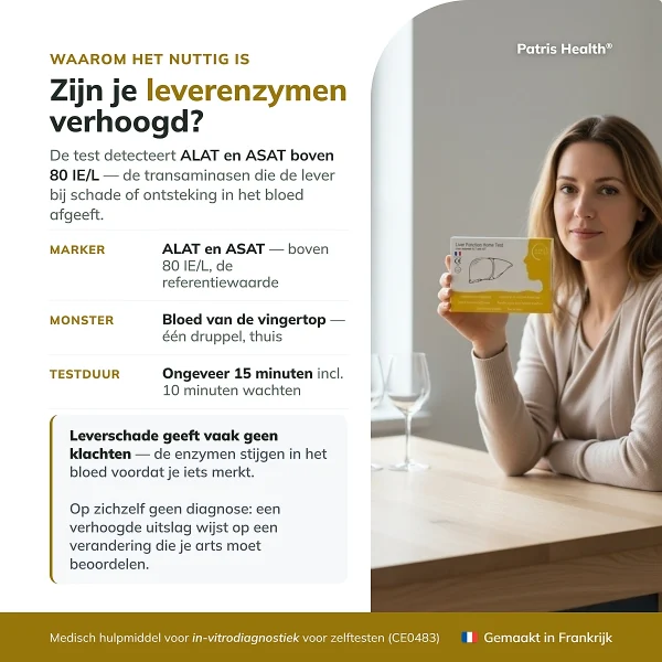 Overzicht van de Patris Health Leverfunctie Zelftest met de belangrijkste productinformatie