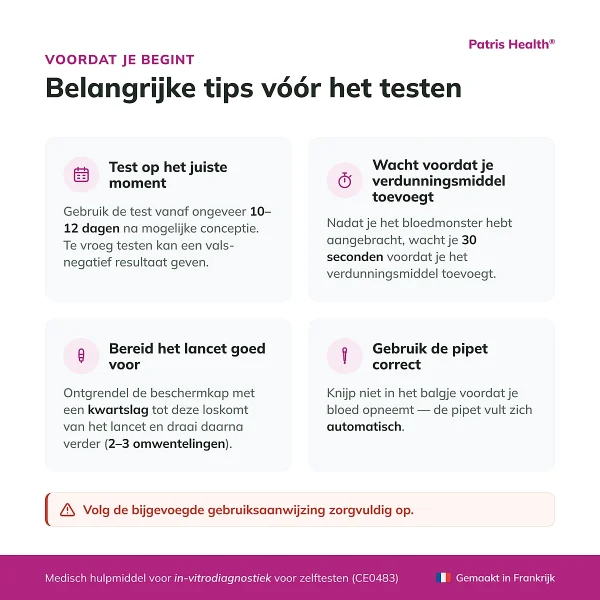 Belangrijke tips vóór het gebruik van de Patris Health Zwangerschaps-bloedtest