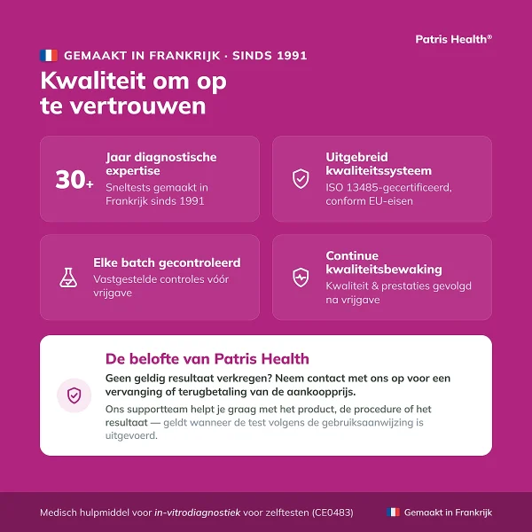 Kwaliteitskenmerken van de Patris Health Zwangerschaps-bloedtest gemaakt in Frankrijk