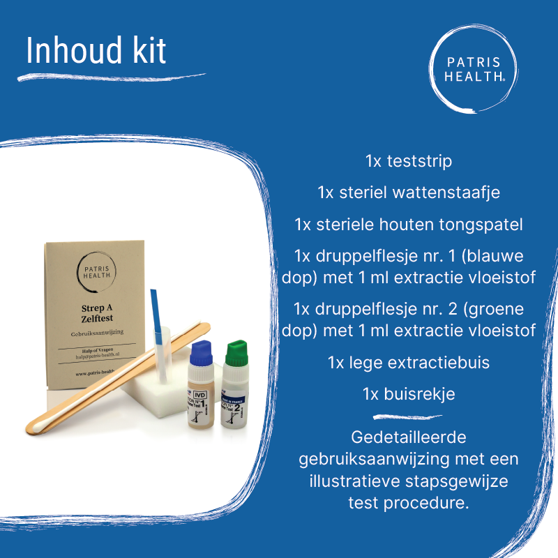 Kit Inhoud van de Patris Health® Strep A Zelftest.