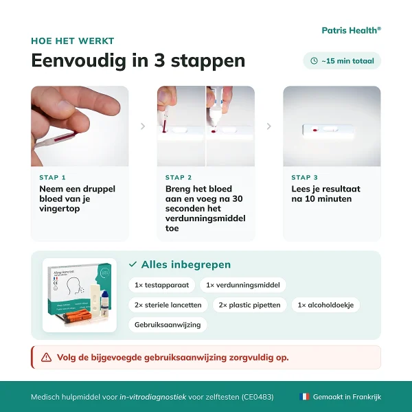 Gebruiksinstructies in drie stappen voor de Patris Health Allergie Zelftest