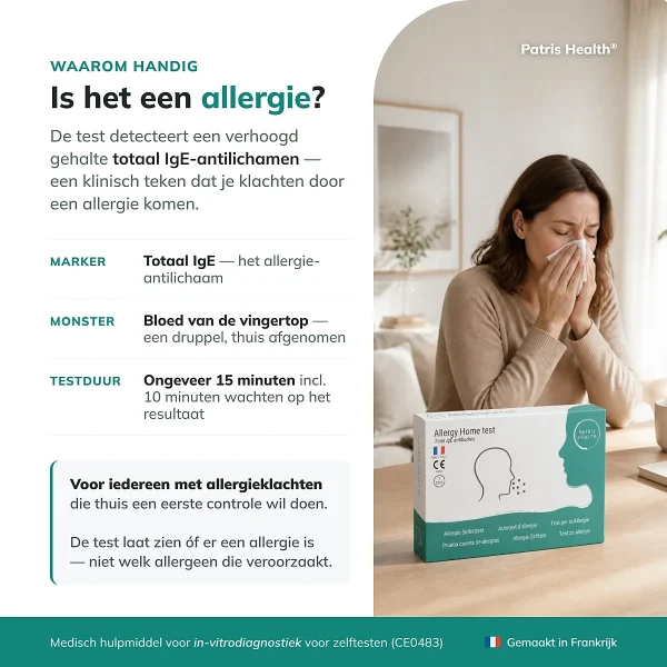Overzicht van de Patris Health Allergie Zelftest met informatie over doel, marker, monster en testduur