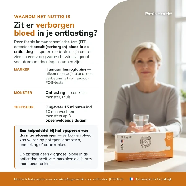 Overzicht van de Patris Health FIT Zelftest met de belangrijkste productinformatie
