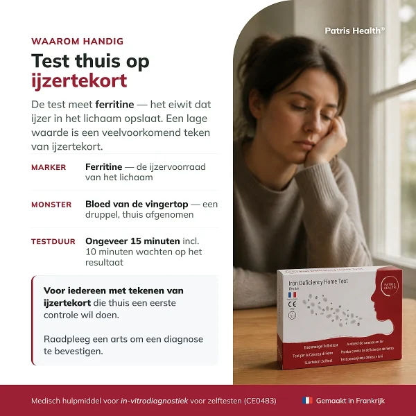 Overzicht van de Patris Health IJzertekort Zelftest met informatie over ferritine, monster en testduur