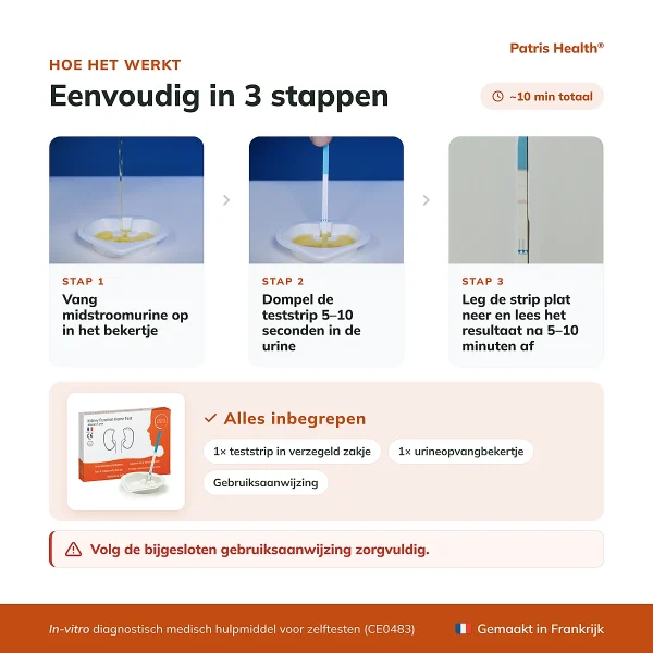 Gebruiksinstructies in 3 stappen voor de Patris Health Nierfunctie Zelftest