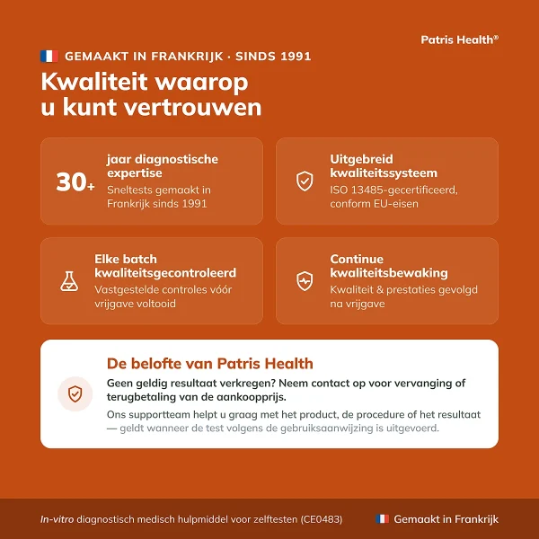 Kwaliteitskenmerken van de Patris Health Nierfunctie Zelftest gemaakt in Frankrijk