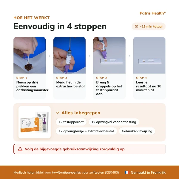 Gebruiksinstructies in 4 stappen voor de Patris Health Calprotectine Zelftest