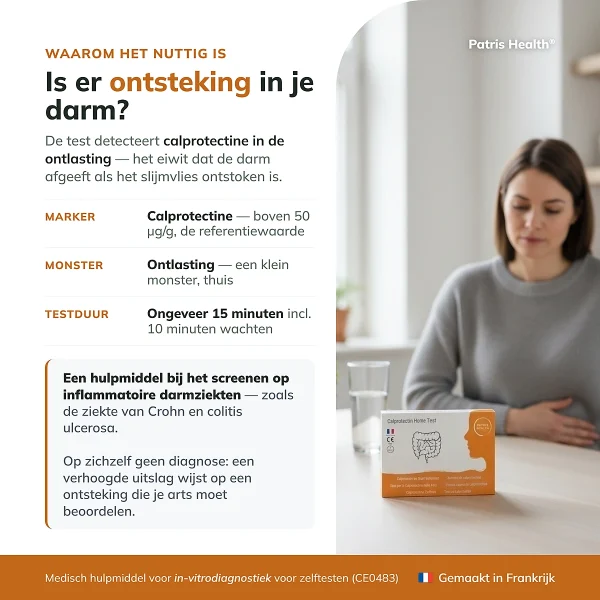 Overzicht van de Patris Health Calprotectine Zelftest met de belangrijkste productinformatie