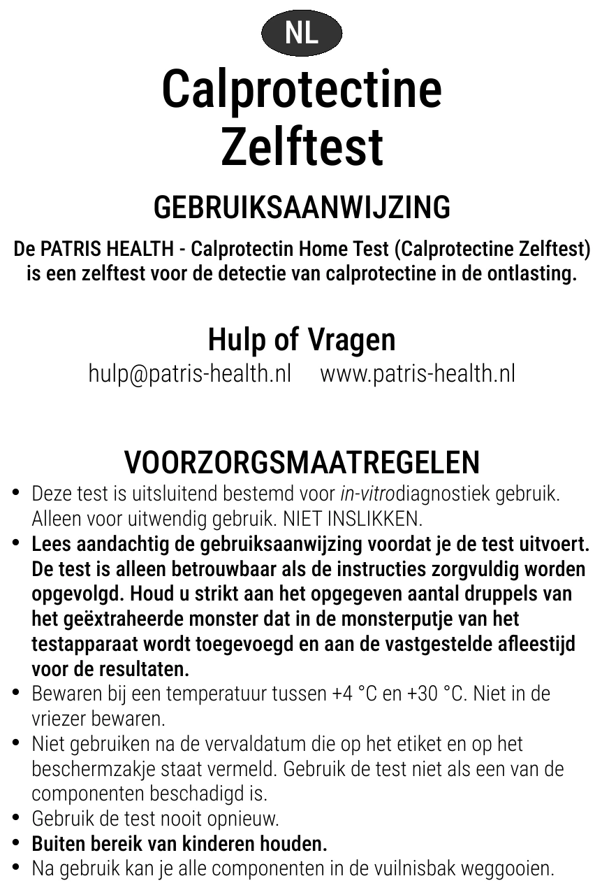Gebruiksaanwijzing van de Calprotectine Zelftest van Patris Health – voorzorgsmaatregelen