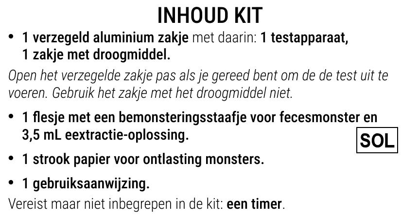 Gebruiksaanwijzing van de Calprotectine Zelftest van Patris Health – inhoud van de kit