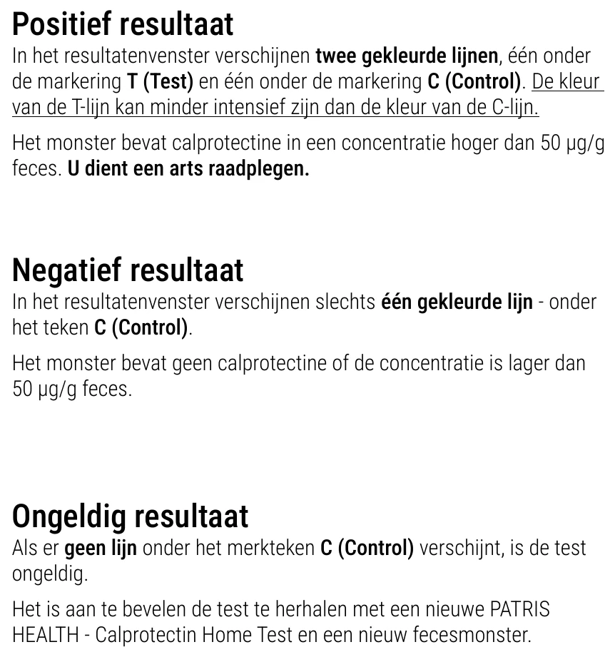 Gebruiksaanwijzing van de Calprotectine Zelftest van Patris Health – interpretatie van de resultaten