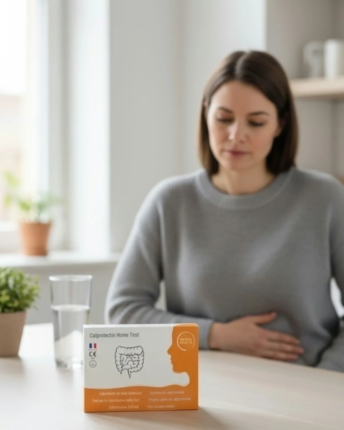 Vrouw aan tafel met een glas water en een hand op haar buik, voor haar de doos van de Calprotectine Zelftest van Patris Health