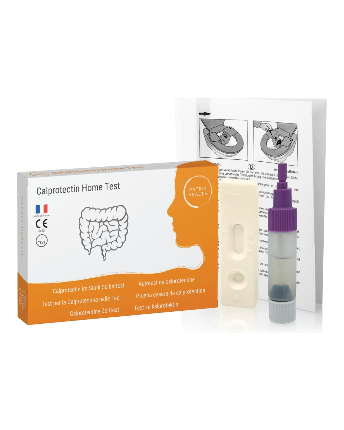 Calprotectine Zelftest van Patris Health: de doos en de inhoud van de kit