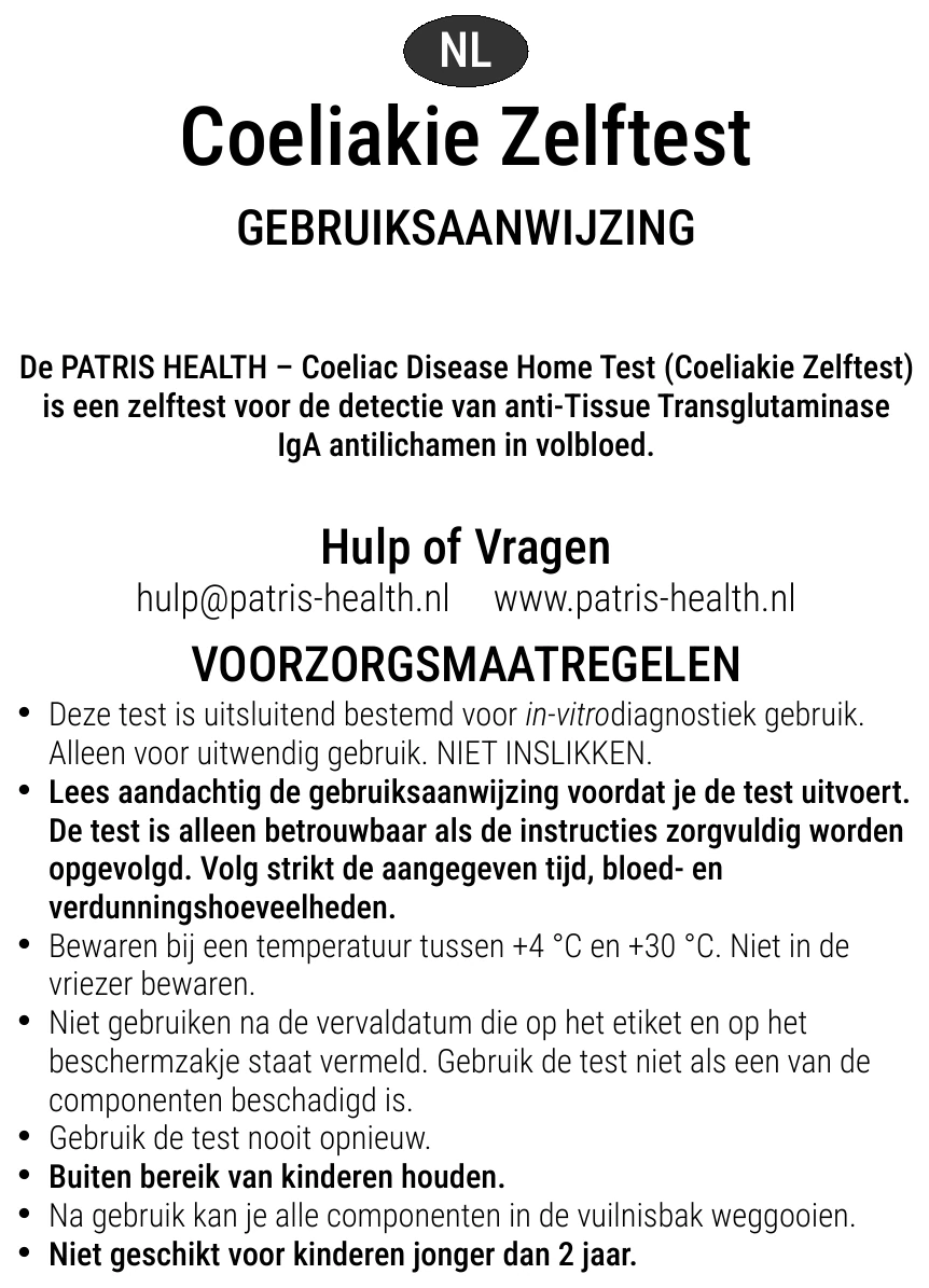 Gebruiksaanwijzing van de Coeliakie Zelftest van Patris Health – voorzorgsmaatregelen