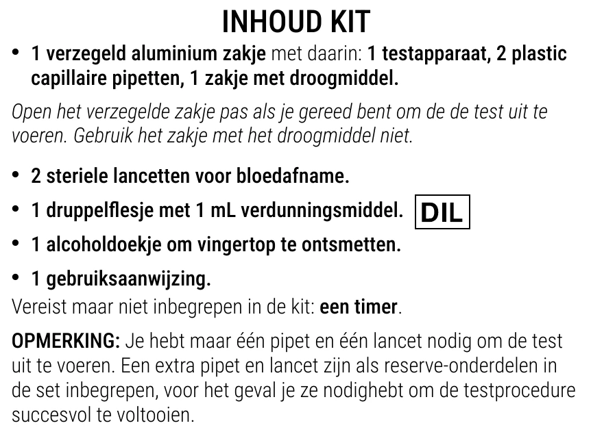 Gebruiksaanwijzing van de Coeliakie Zelftest van Patris Health – inhoud van de kit