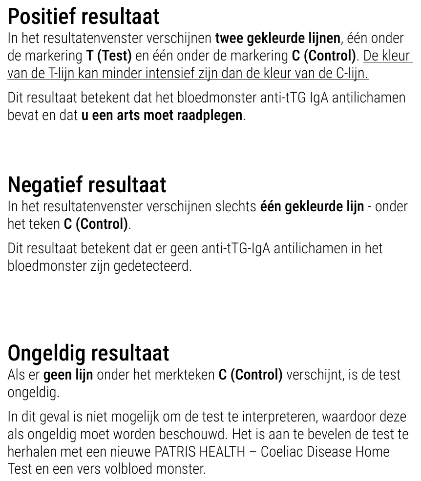 Gebruiksaanwijzing van de Coeliakie Zelftest van Patris Health – interpretatie van de resultaten