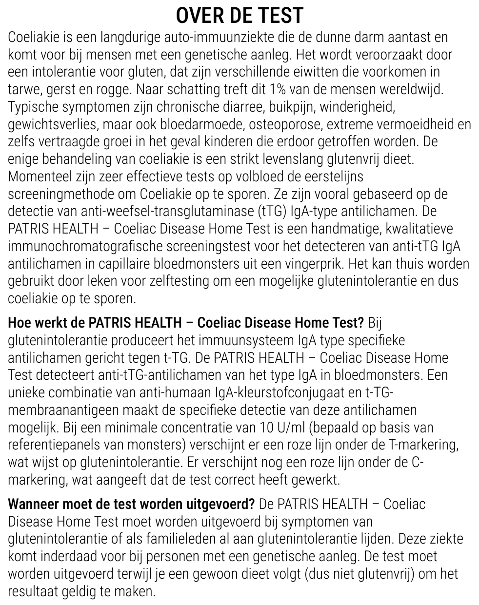 Gebruiksaanwijzing van de Coeliakie Zelftest van Patris Health – over de test, vragen en antwoorden