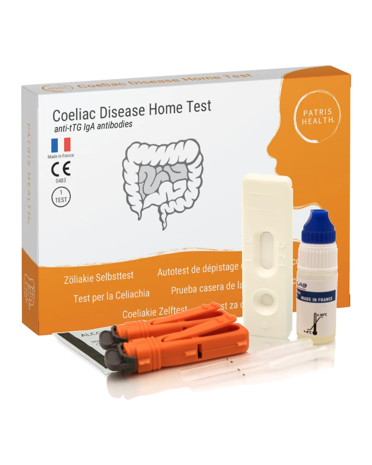 Coeliakie Zelftest van Patris Health: de doos en de inhoud van de kit