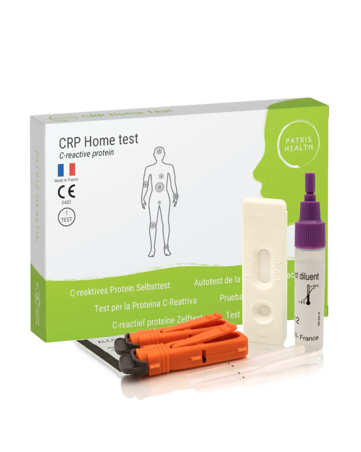 Zelftestkit van Patris Health: doos, testapparaat, pipet, lancet en gebruiksaanwijzing