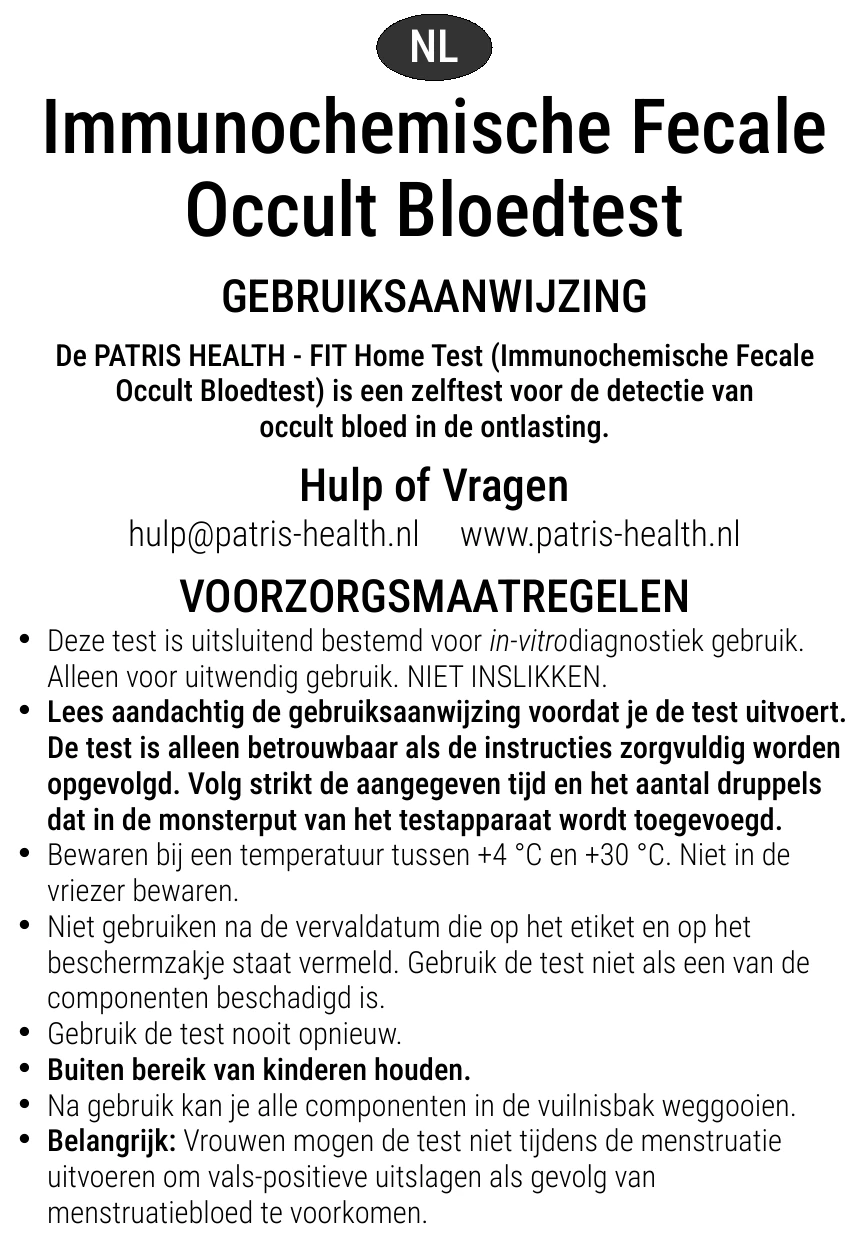 Gebruiksaanwijzing van de Immunochemische Fecale Occult Bloedtest van Patris Health – voorzorgsmaatregelen