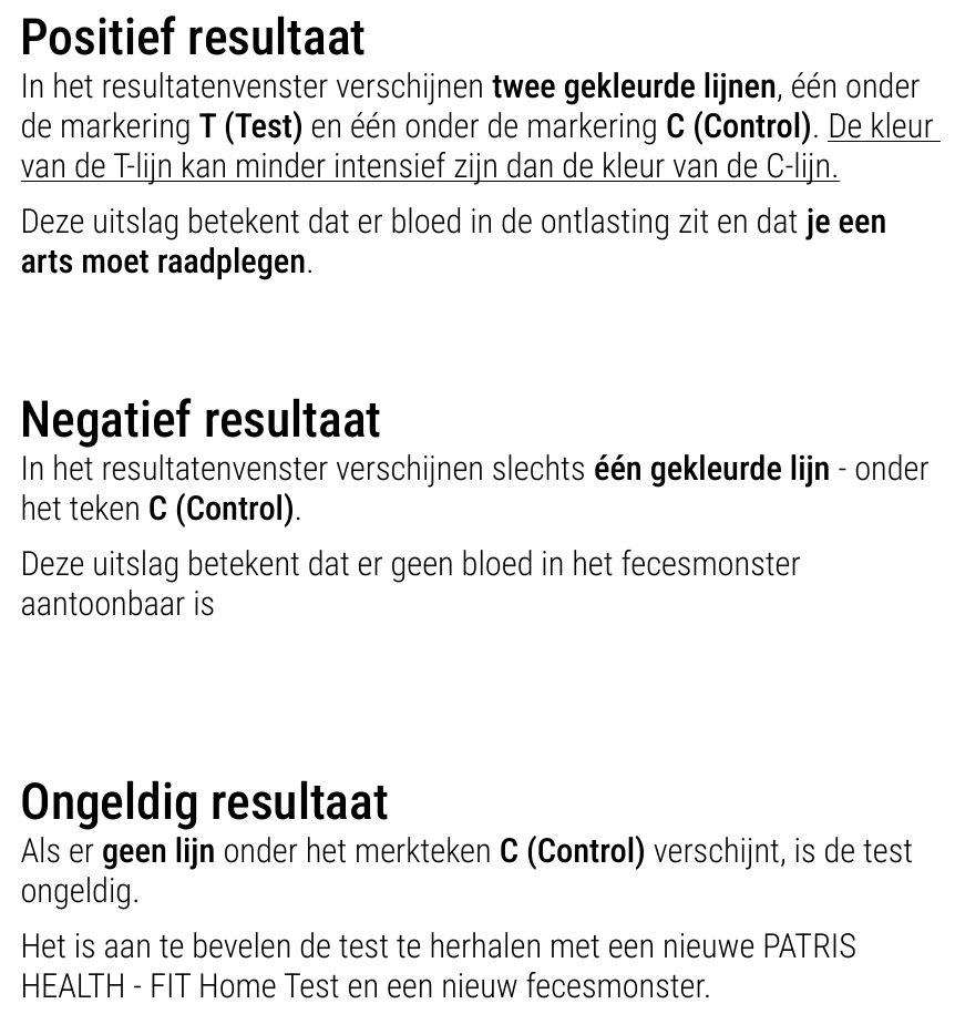 Gebruiksaanwijzing van de Immunochemische Fecale Occult Bloedtest van Patris Health – interpretatie van de resultaten