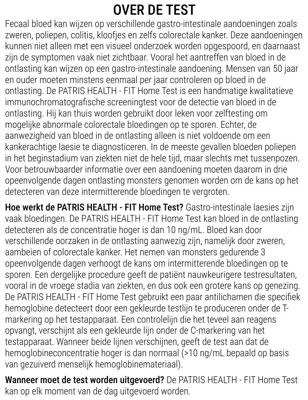 Gebruiksaanwijzing van de Immunochemische Fecale Occult Bloedtest van Patris Health – over de test, vragen en antwoorden