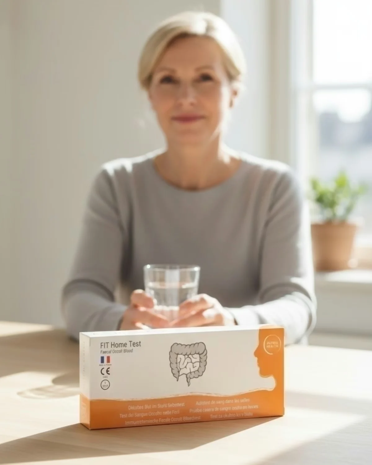 Vrouw aan tafel met een glas water en de doos van de Immunochemische Fecale Occult Bloedtest van Patris Health voor zich