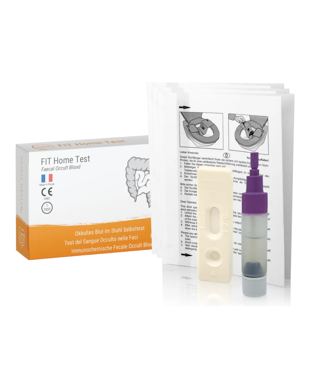 Immunochemische Fecale Occult Bloedtest van Patris Health: de doos en de inhoud van de kit