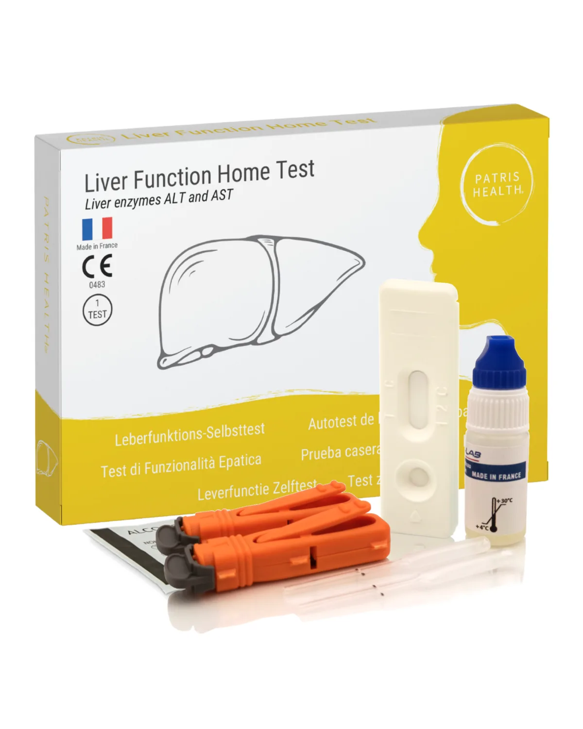 Leverfunctie Zelftest van Patris Health: de doos en de inhoud van de kit